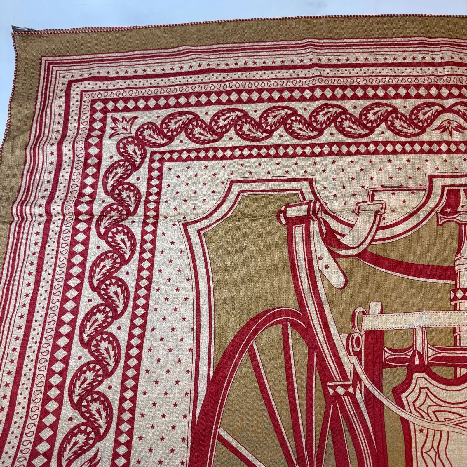 鑑定済み エルメス カレジェアン 140 四輪馬車の車輪 バンダナ ノワゼット キャラメル ルージュH カシシル スカーフ ショール