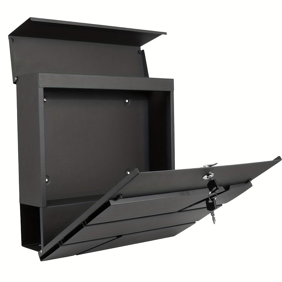 大容量&防犯対策 金属製 屋外メールボックス 鍵付き 郵便ポスト 大容量 2段収納 上開き 全天候型 錆防止 家庭 オフィス 商業用 郵便受け 新聞受け 壁掛け ブラック