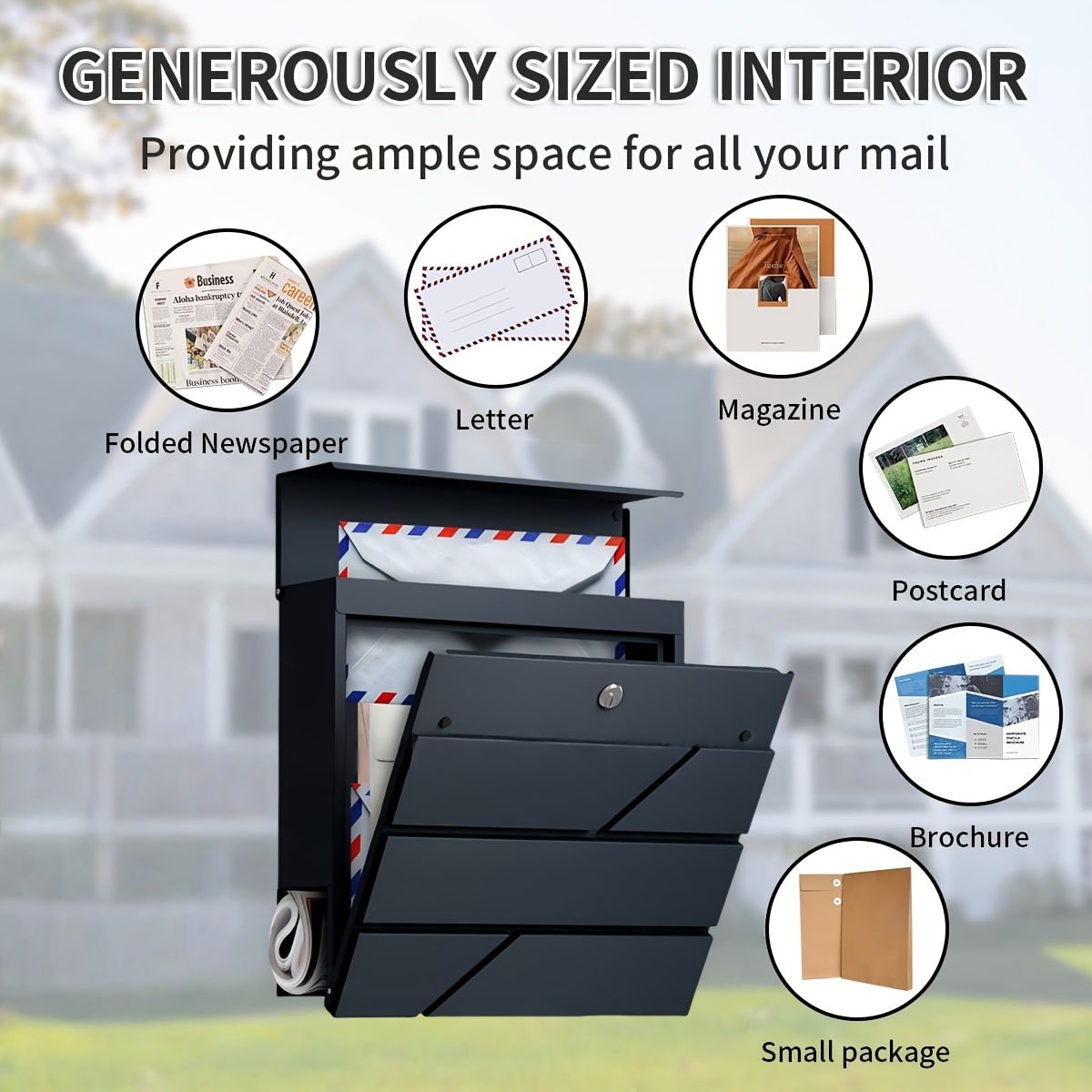  大容量＆防犯対策 金属製 屋外メールボックス 鍵付き 郵便ポスト 大容量 2段収納 上開き 全天候型 錆防止 家庭 オフィス 商業用 郵便受け 新聞受け 壁掛け ブラック 建築物用金具 金物 部品