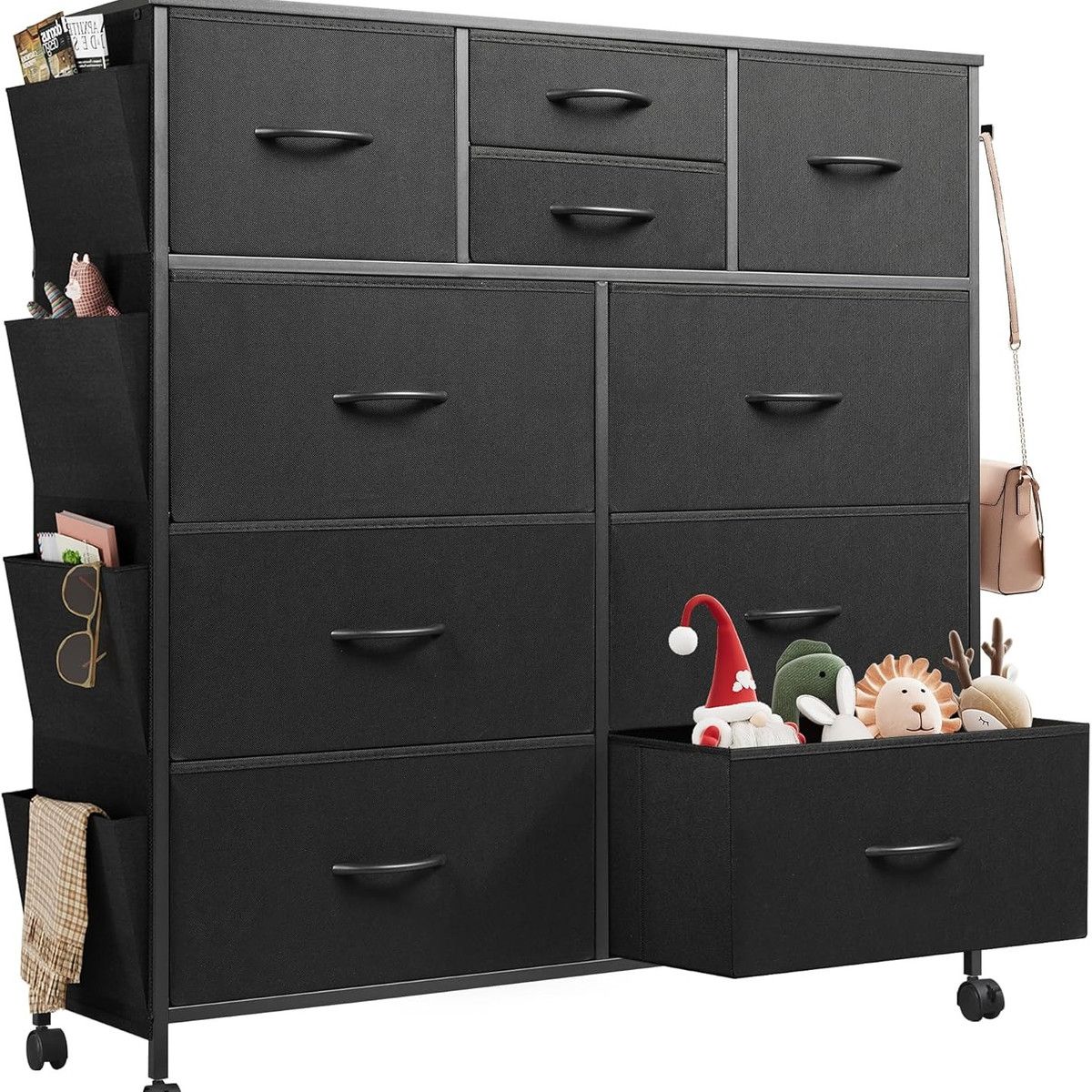 省スペース大容量 4段チェスト キャスター付き リサイクル木材使用 10個引き出し 転倒防止 北欧風 簡単組立 リビング 寝室 オフィスに 選べる2色 ブラック