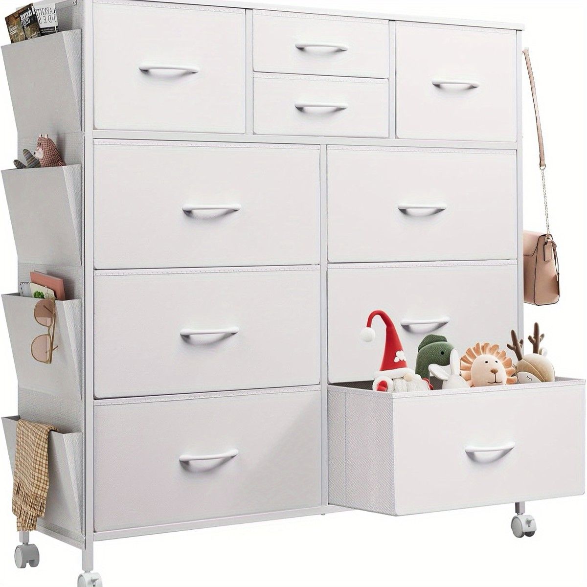 省スペース大容量 4段チェスト キャスター付き リサイクル木材使用 10個引き出し 転倒防止 北欧風 簡単組立 リビング 寝室 オフィスに 選べる2色 ホワイト