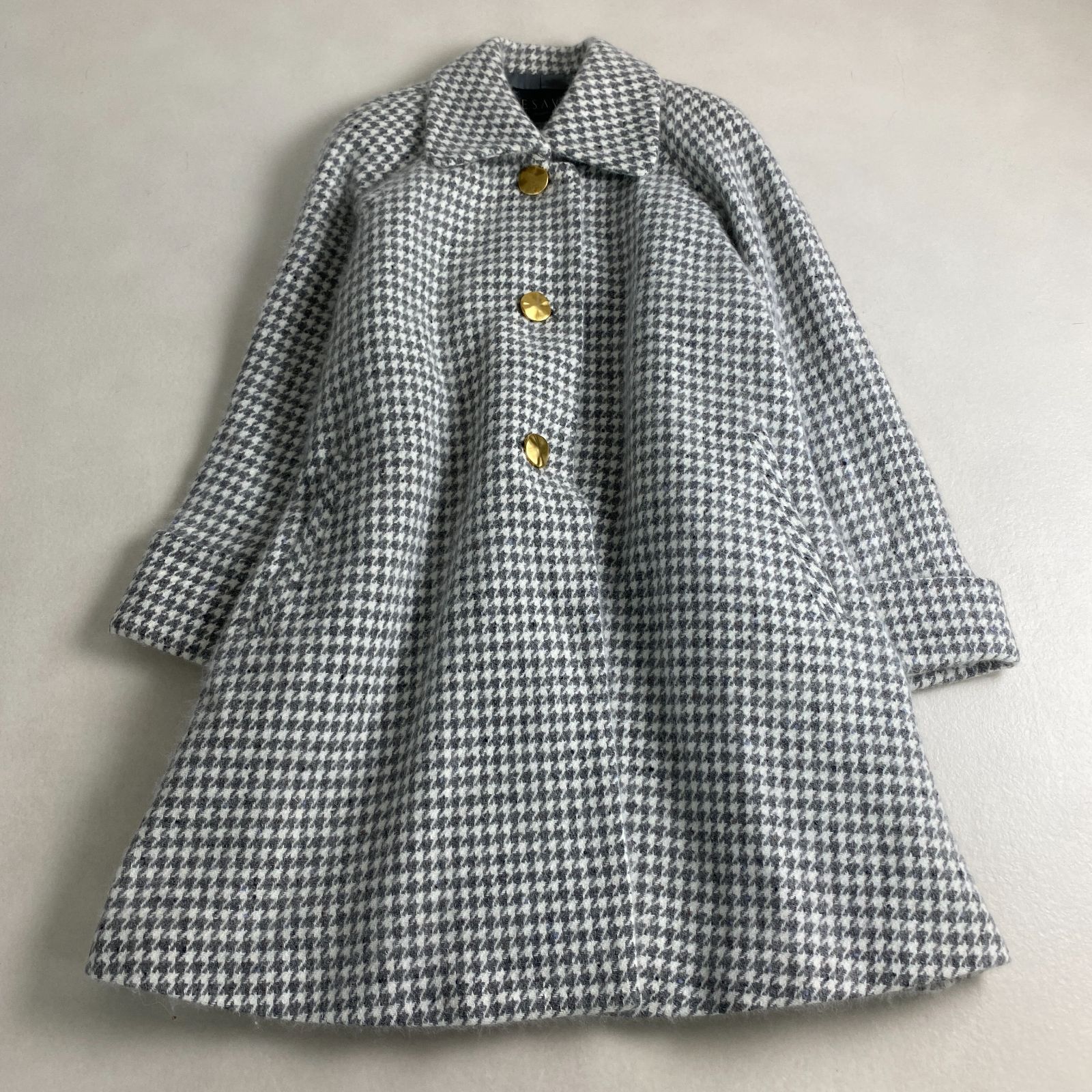 オンワード ロングコート 大きいサイズ ウール 毛足長 金ボタン シャギー 千鳥格子柄 11号 L XL相当 ホワイト グレー