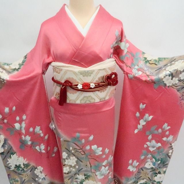✾まめ藤✾m2281 正絹 蝶 牡丹 尾長鳥 菖蒲 金駒刺繡 笹べり付き トールサイズ 成人式 振袖単品