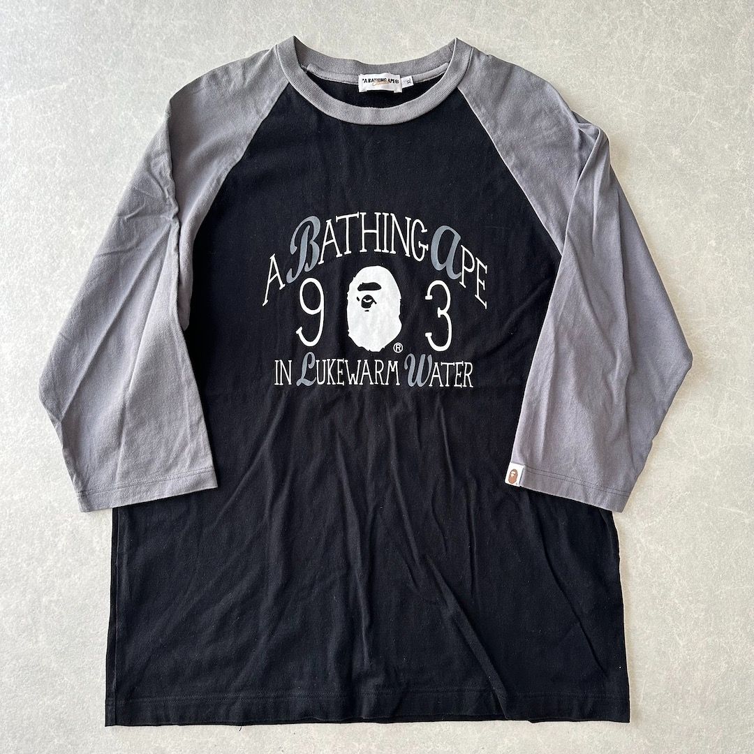 A BATHING APE プリントラグランスリーブ七分丈Tシャツ ブラック XL 古着 メンズ