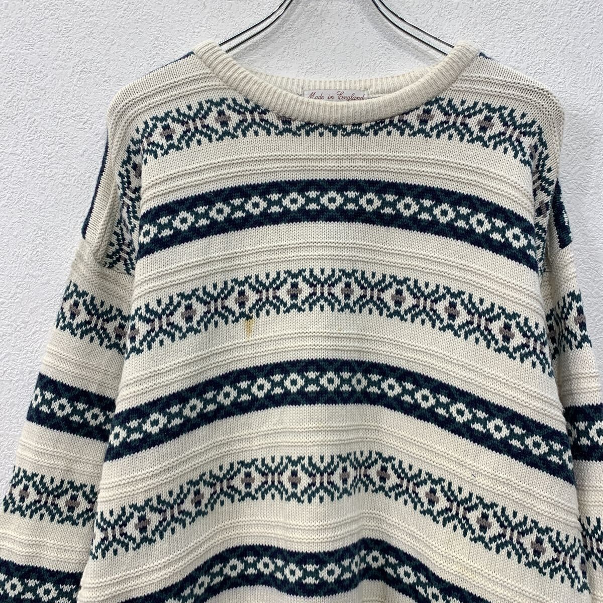 HEATHER u0026 TWEED コットンニット セーター L ホワイト マルチカラー プルオーバー モックネック コットン100% 総柄 秋物 a710-6943
