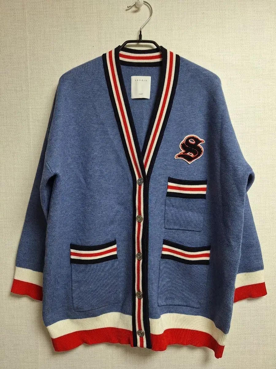 サンドロ ブルー ストライプ ニット カーディガンS