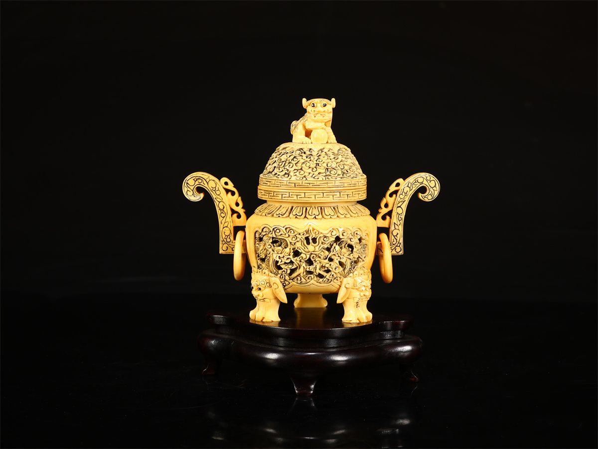 唐物 清代 東洋彫刻 龍紋 香炉 台付高17㎝ 幅15㎝ Ng 1299