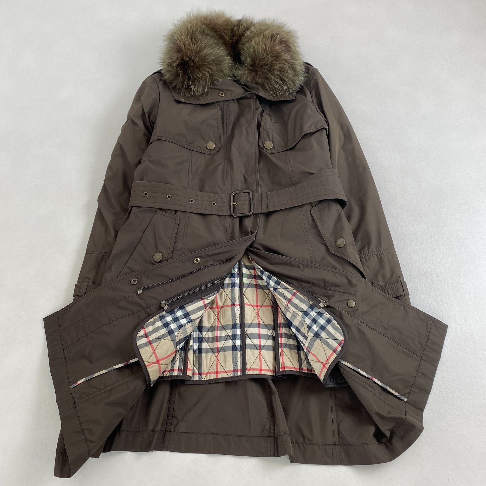 バーバリーロンドン ロングコート 4way ライナー付き フォックスファー ベルト ブラウン 三陽商会 L相当