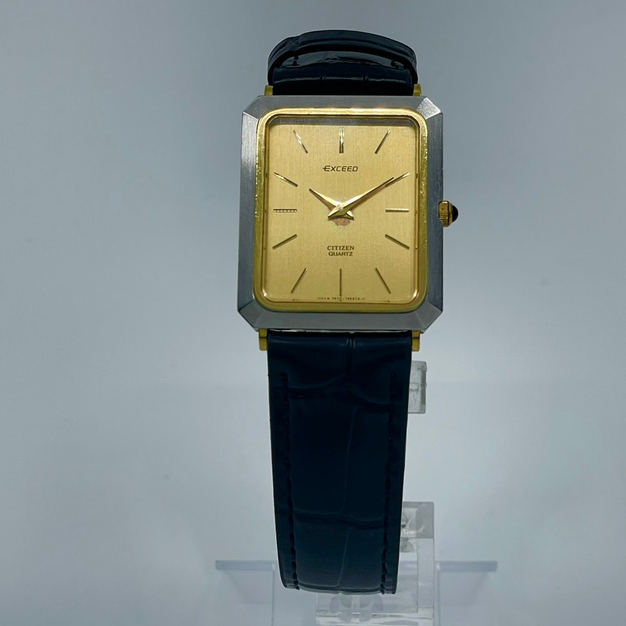【電池交換済／新品ベルト(社外品)】美品 シチズン エクシード 腕時計 4-796233 メンズ クオーツ 角型 ゴールド文字盤 ブラックレザーベルト ビンテージ アンティーク ドレスウォッチ 薄型 エ
