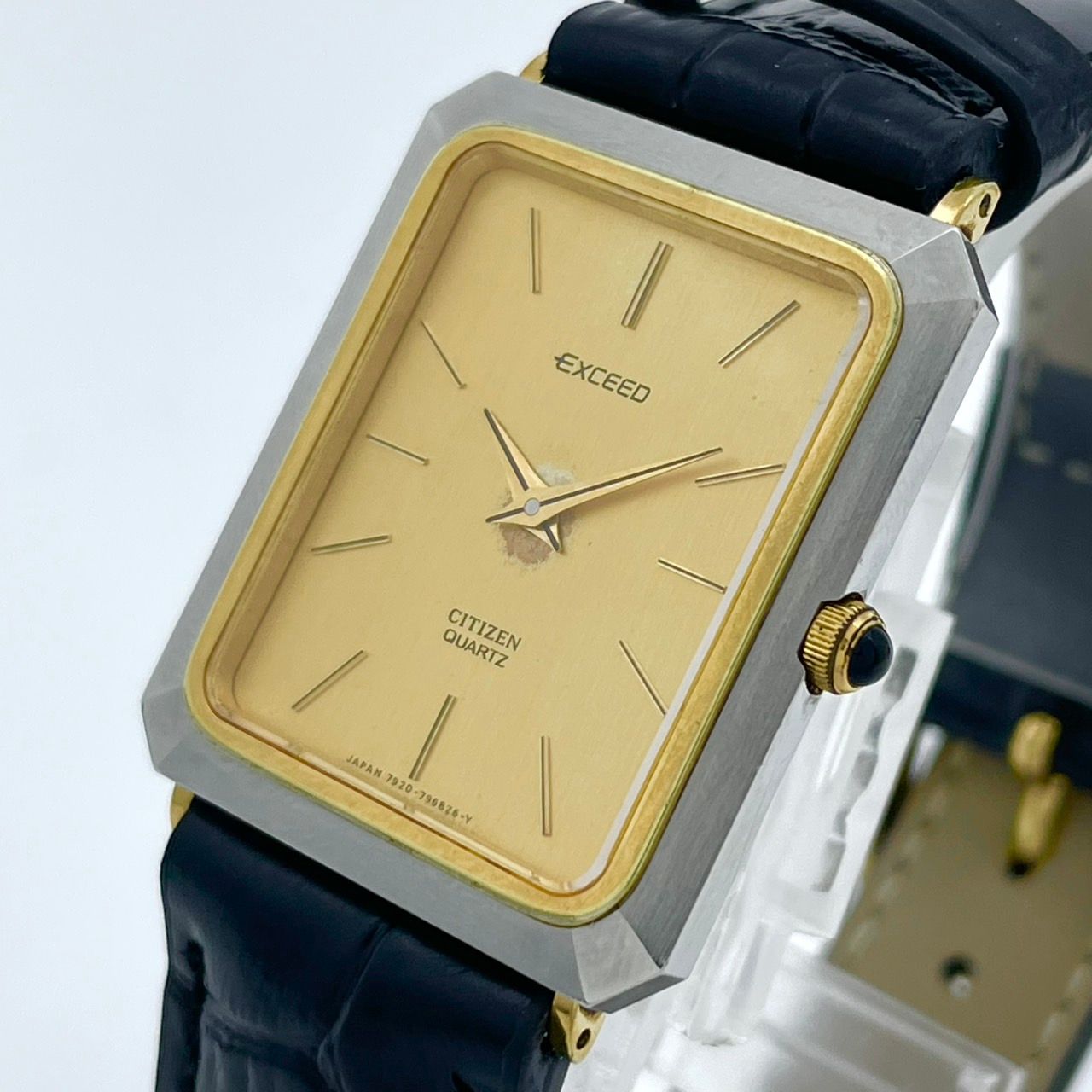 【電池交換済／新品ベルト(社外品)】美品 シチズン エクシード 腕時計 4-796233 メンズ クオーツ 角型 ゴールド文字盤 ブラックレザーベルト ビンテージ アンティーク ドレスウォッチ 薄型 エ
