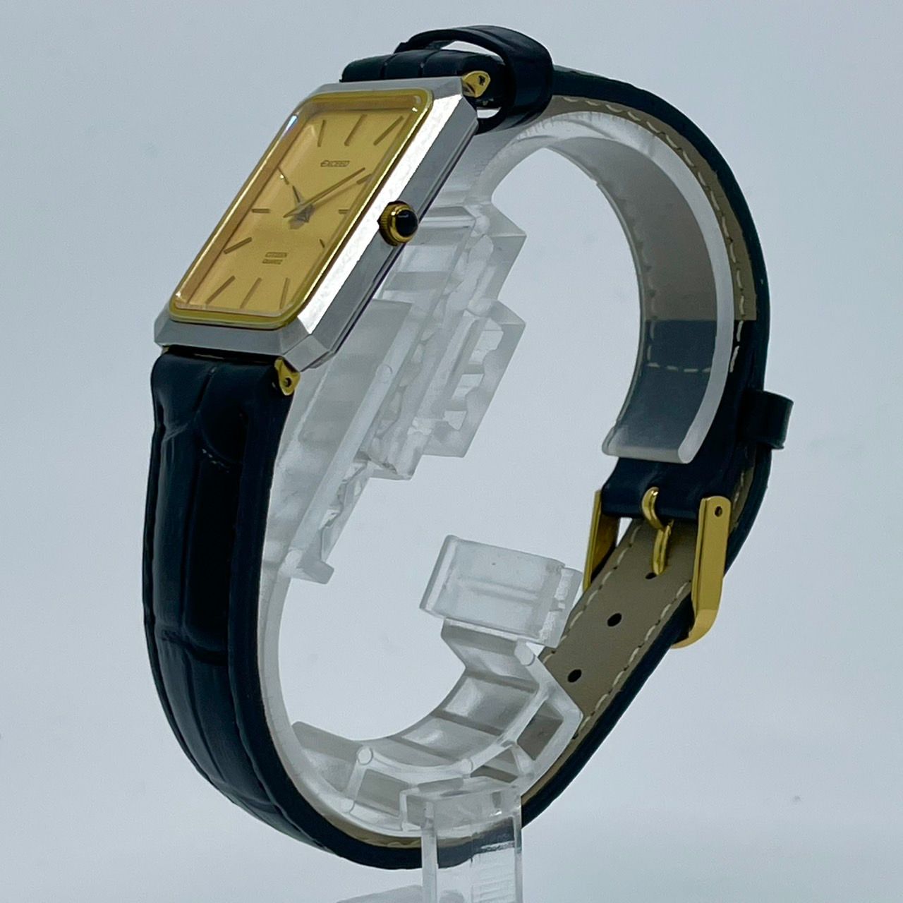 【電池交換済／新品ベルト(社外品)】美品 シチズン エクシード 腕時計 4-796233 メンズ クオーツ 角型 ゴールド文字盤 ブラックレザーベルト ビンテージ アンティーク ドレスウォッチ 薄型 エ