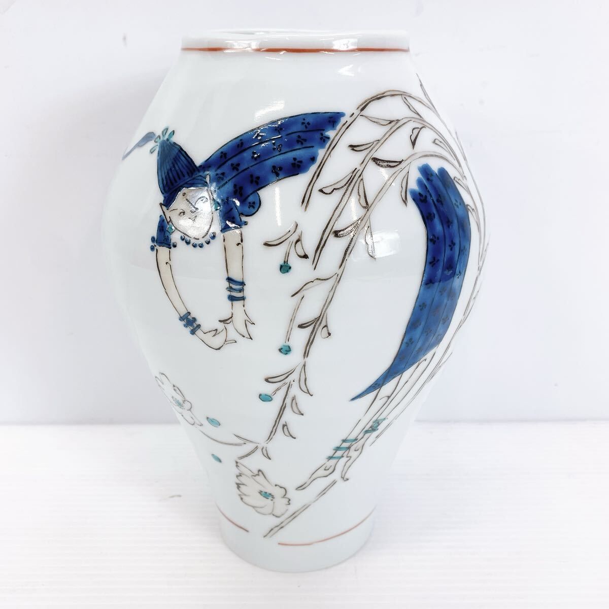 長谷川 塑人 作 個展 作品 九谷白磁 九谷焼 色絵 妖精 花瓶 花器 花入 花生 共箱 共布 骨董 アンティーク 伝統工