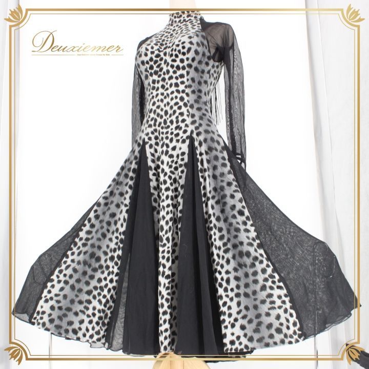 社交ダンス 衣装 ドレス ワンピース パーティ衣装 女性用 レディース オールシーズン 黒 lovely dancing ブラック系 グレイ系 長袖 ヒョウ柄 レース ショートスリット 大人 結婚式 フォーマル ダンスウエア