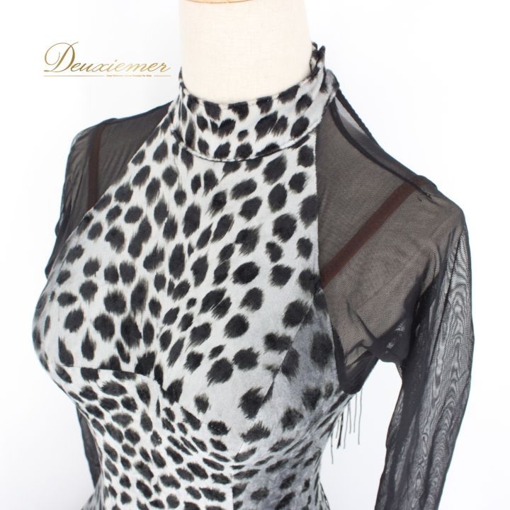 社交ダンス 衣装 ドレス ワンピース パーティ衣装 女性用 レディース オールシーズン 黒 lovely dancing ブラック系 グレイ系 長袖 ヒョウ柄 レース ショートスリット 大人 結婚式 フォーマル ダンスウエア