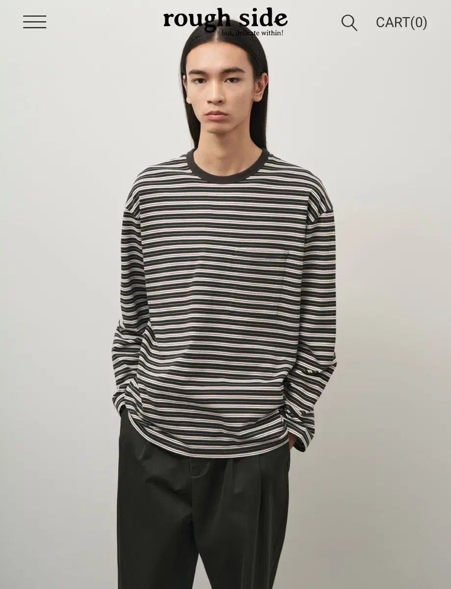 ROUGH SIDE マルチ ストライプ ロングスリーブ チャコール 下 Tシャツ エクスクルーシブ