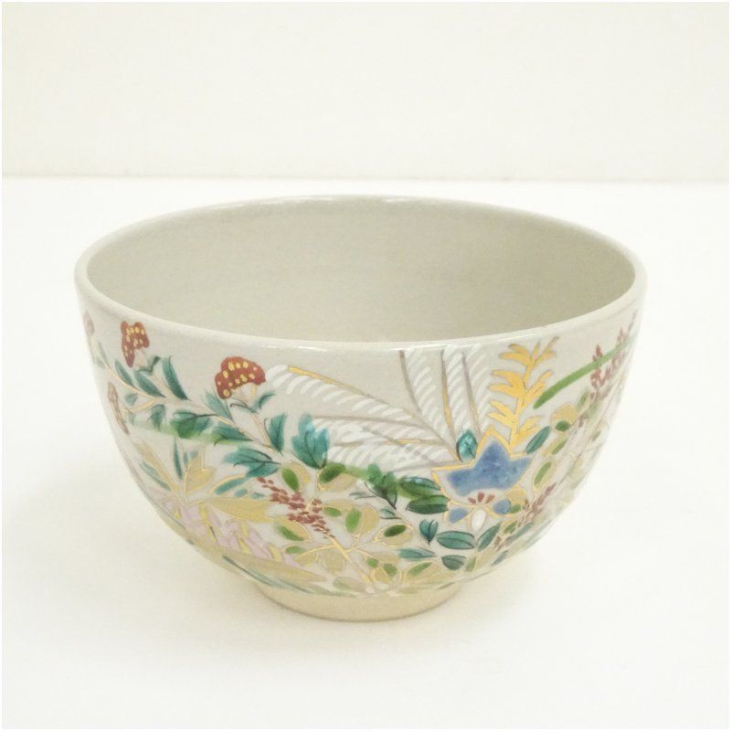 京焼 手塚景雲造 色絵秋草茶碗 共箱 茶道 抹茶 おしゃれ 抹茶茶碗 抹茶碗 和食器 レトロ 茶器 骨董 茶わん 茶会 茶の湯 9月 秋