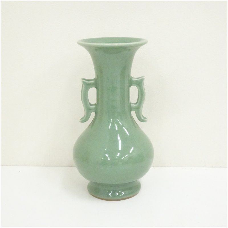 京焼 加藤渓山造 天龍寺青磁耳付花瓶 共箱 花器 おしゃれ かわいい アンティーク フラワーベース 華道 華道具 茶道具 茶道 生花 花入れ