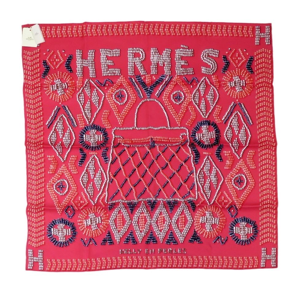 HERMES エルメス KELLY EN PERLES ケリーアンペルル スカーフ カレ70 シルク ピンク フランス製 リボン 外 き rk10354