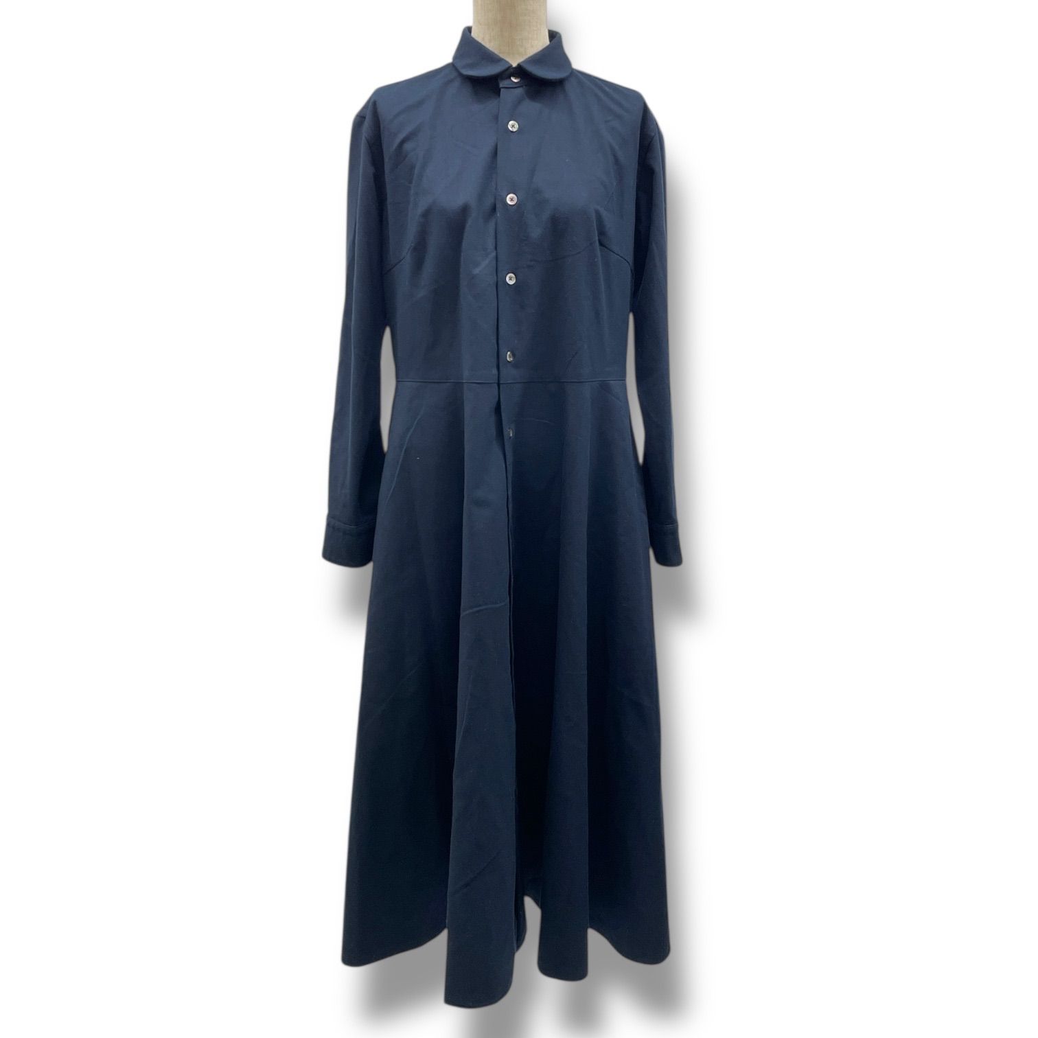 MORIKAGE SHIRT KYOTO モリカゲシャツ シャツワンピース ドレス ロング フ Aライン 厚手 丸襟 紺色 ネイビー Mサイズ レディース 秋 冬 ゴーゴー古着マルイファミリー溝口店 23 No.140