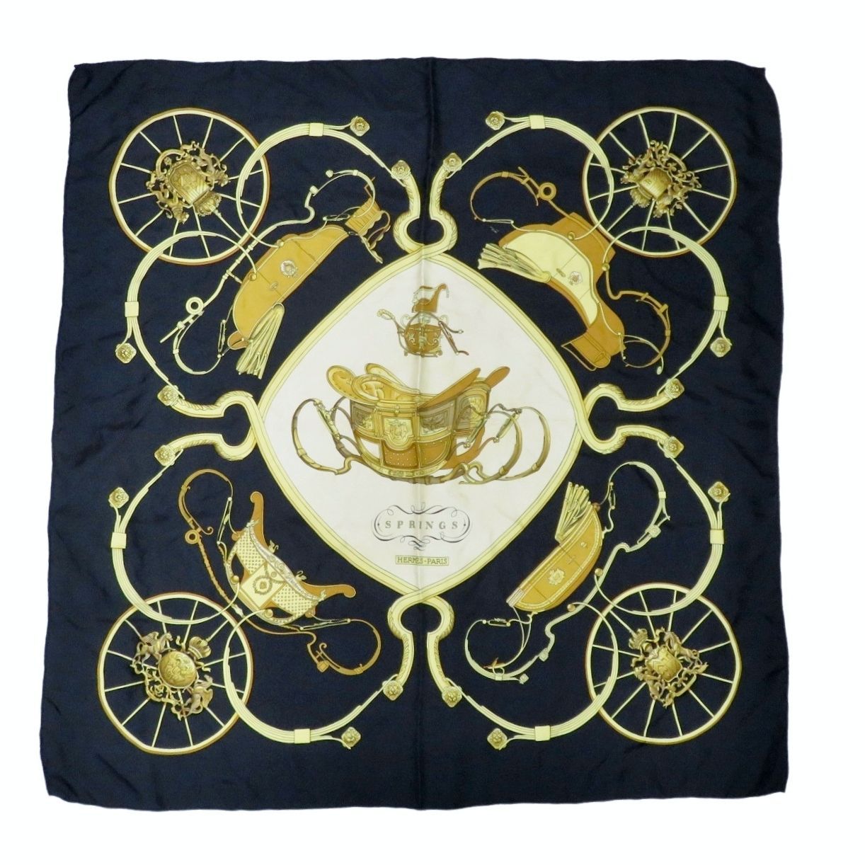 HERMES エルメス カレ90 スカーフ SPRINGS スプリング 春 ブラック シルク フランス製 rk10347