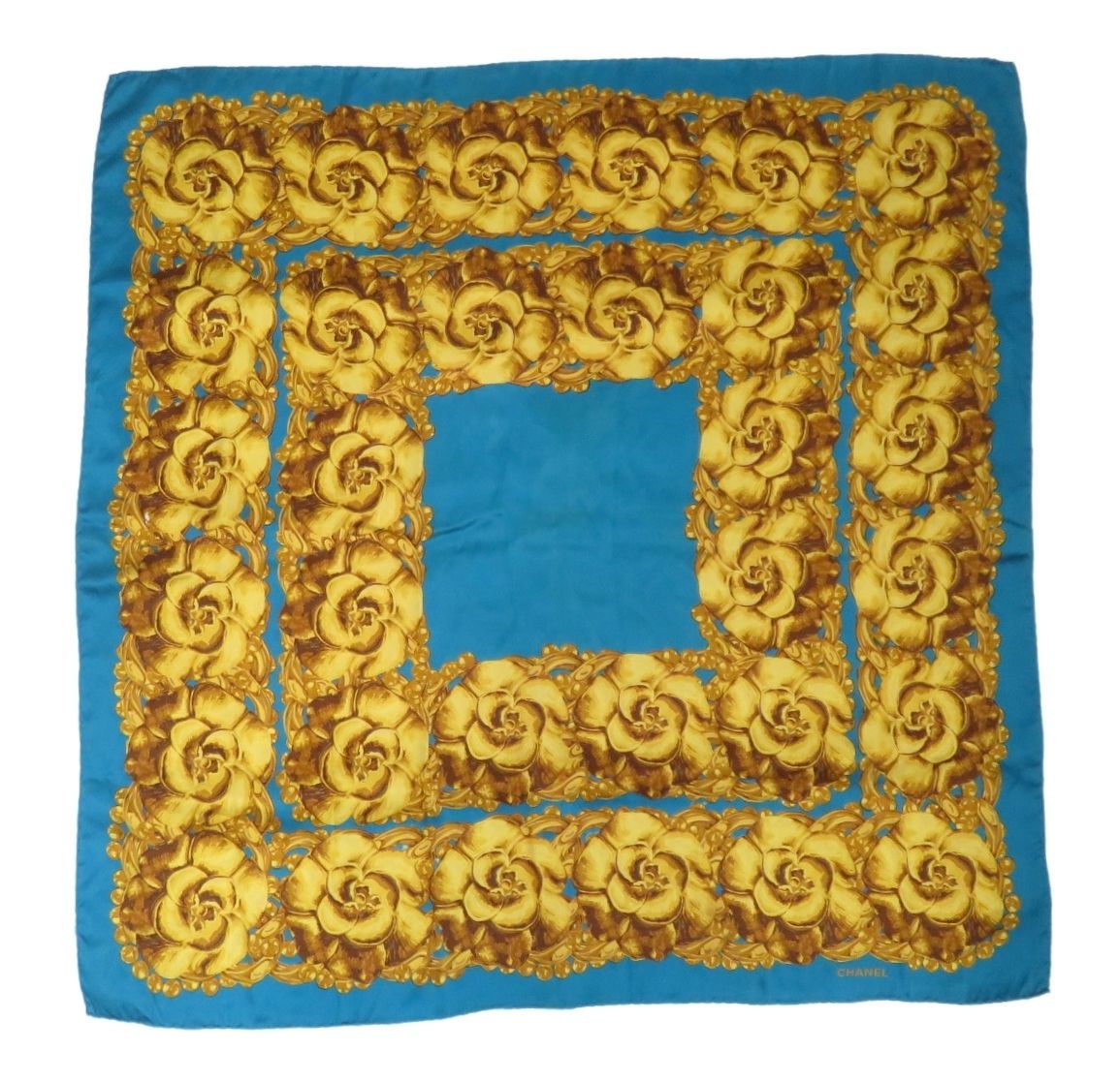 CHANEL シャネル スカーフ カメリア柄 花柄 ブルーxゴールド シルク 85cm イタリア製 rk10341