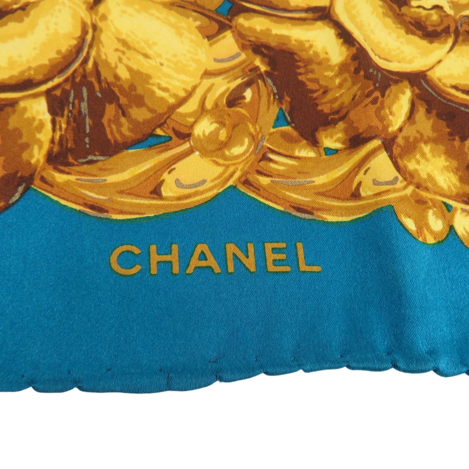 CHANEL シャネル スカーフ カメリア柄 花柄 ブルーxゴールド シルク 85cm イタリア製 rk10341