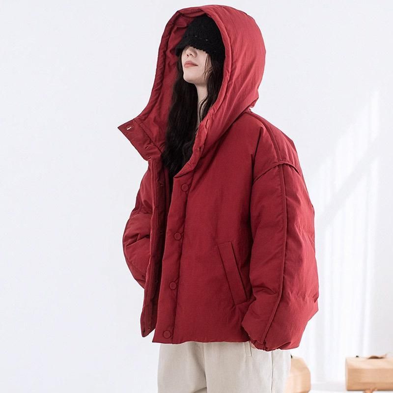 ダウンジャケット レディース フード付き 短め丈 防撥水 厚手 あったか アウター 赤色系