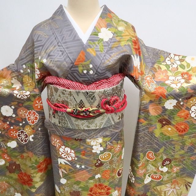 ✾まめ藤✾ｍ2126 正絹 金駒刺繡 牡丹 椿 橘 トールサイズ 手縫い仕立て 成人式 振袖