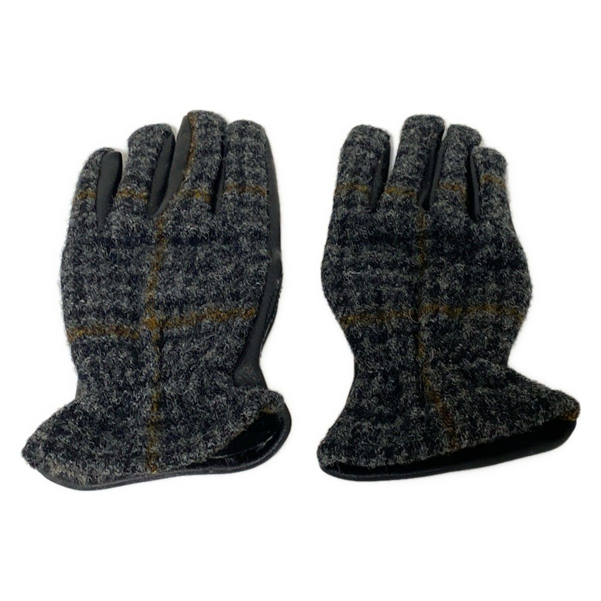 コムデギャルソンオム 手袋 メンズ - 黒×グレー×ブラウン HARRIS TWEED ハリスツイード チェック柄 ウール レザー