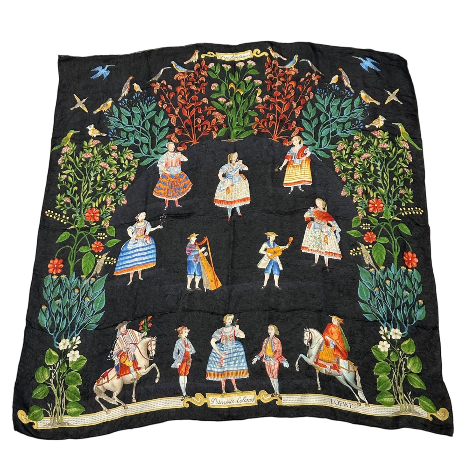 LOEWE ロエベ Primeros Colonosシルクスカーフ 北欧 花柄ロゴ入り ブラック