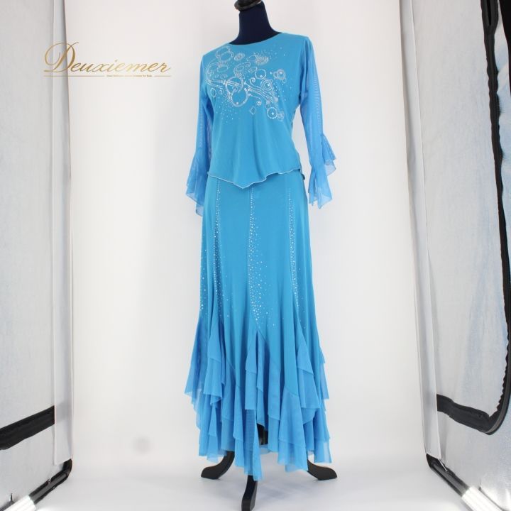 新品　ツーピース　青 黄色　社交ダンス　パーティ　モダン　花柄　2982 新品 ツーピース 青 黄色 社交ダンス パーティ モダン 花柄 2982