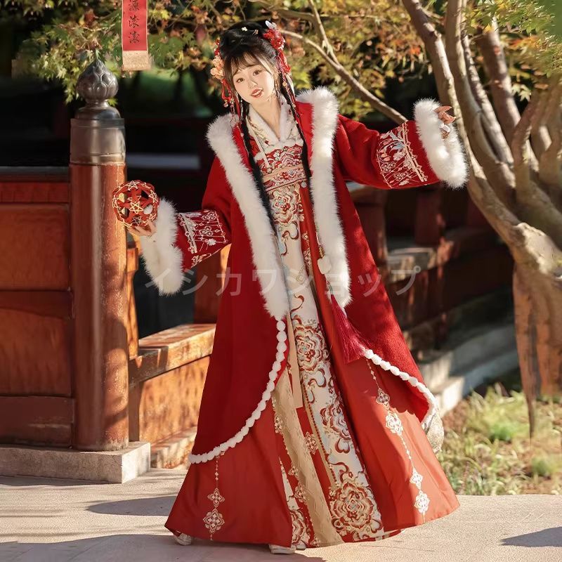 新年モデル 女子用漢服 唐制 齊胸襦裙 新年戦袍 レッド 拝年服 毛襟 ケープ 新春 祝福 吉祥 お正月