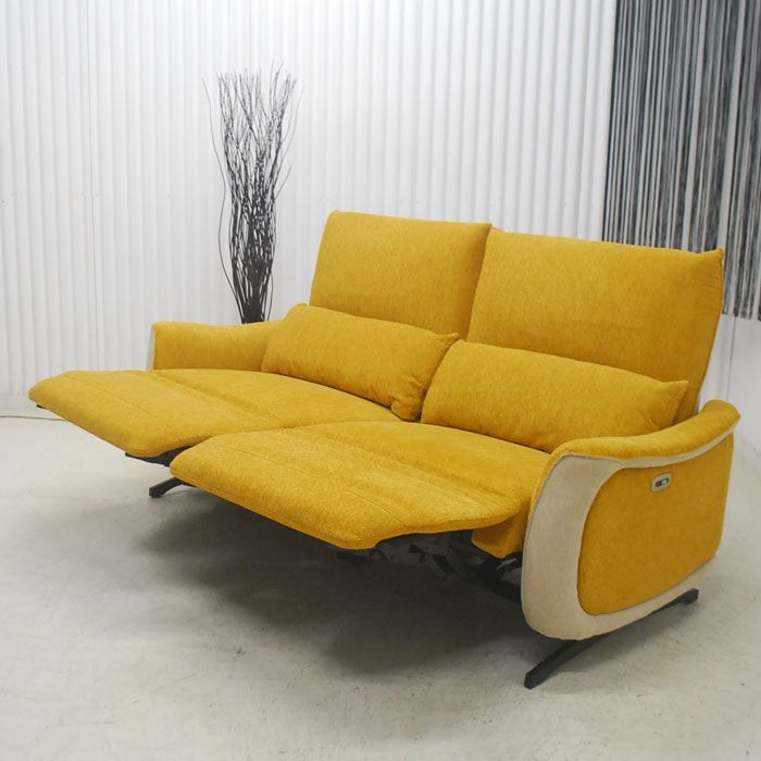 アウトレット 現品限り 一部 大 ラグジュアリーモダン 楽々電動リクライニングソファー イエロー系 ツートン 250529-スレイカー3p電動