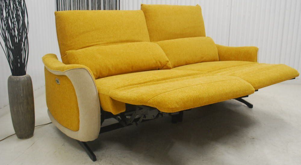 アウトレット 現品限り 一部 大 ラグジュアリーモダン 楽々電動リクライニングソファー イエロー系 ツートン 250529-スレイカー3p電動