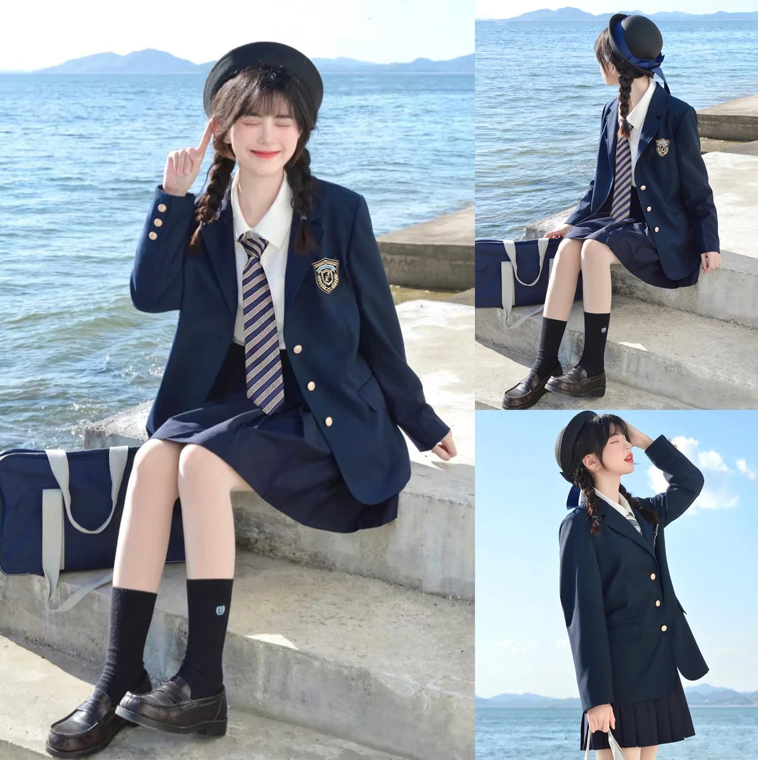 AOTYP コスプレ 制服 高校制服 ブレザー 5点セット セーラー服 JK制服 シャツ ジャケット ネクタイ ワッペン プリーツスカート 黒 紺色 卒業式 入学式 通勤 通学 学園祭 文化祭