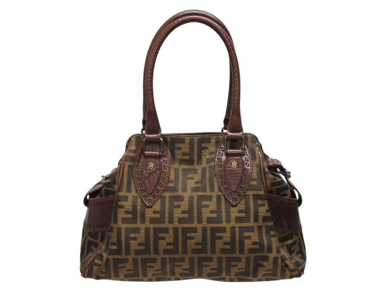 FENDI フェンディ ズッカ柄 エトニコ ハンドバッグ ブラウン ロゴ キャンバス レザー 4b008633