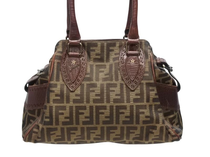 FENDI フェンディ ズッカ柄 エトニコ ハンドバッグ ブラウン ロゴ キャンバス レザー 4b008633