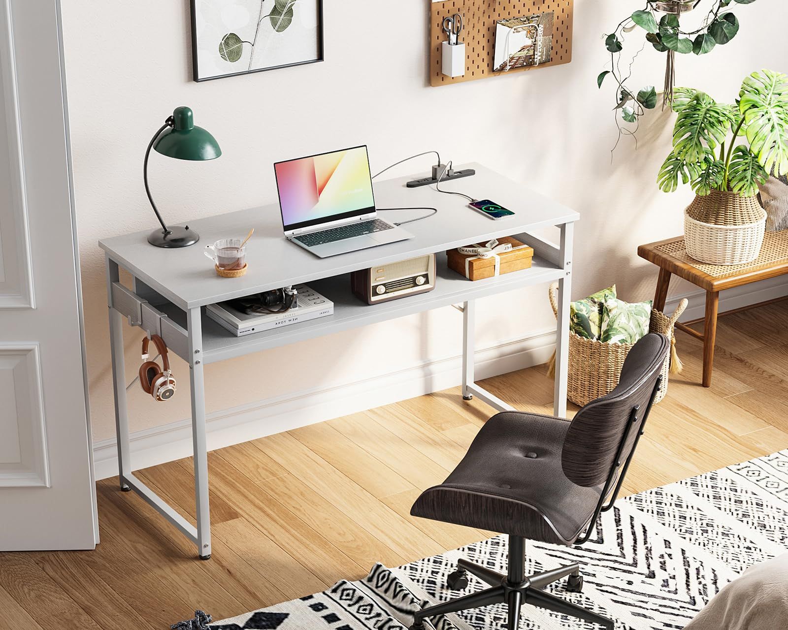 テレワーク用 省スペース コンパクト フック2個付き ワークデスク 子 desk 組立簡単 computer 勉強机 コンセント付き 収納付き ゲーミングデスク 白い 幅100cm パソコンデスク pcデスク 机 ODK