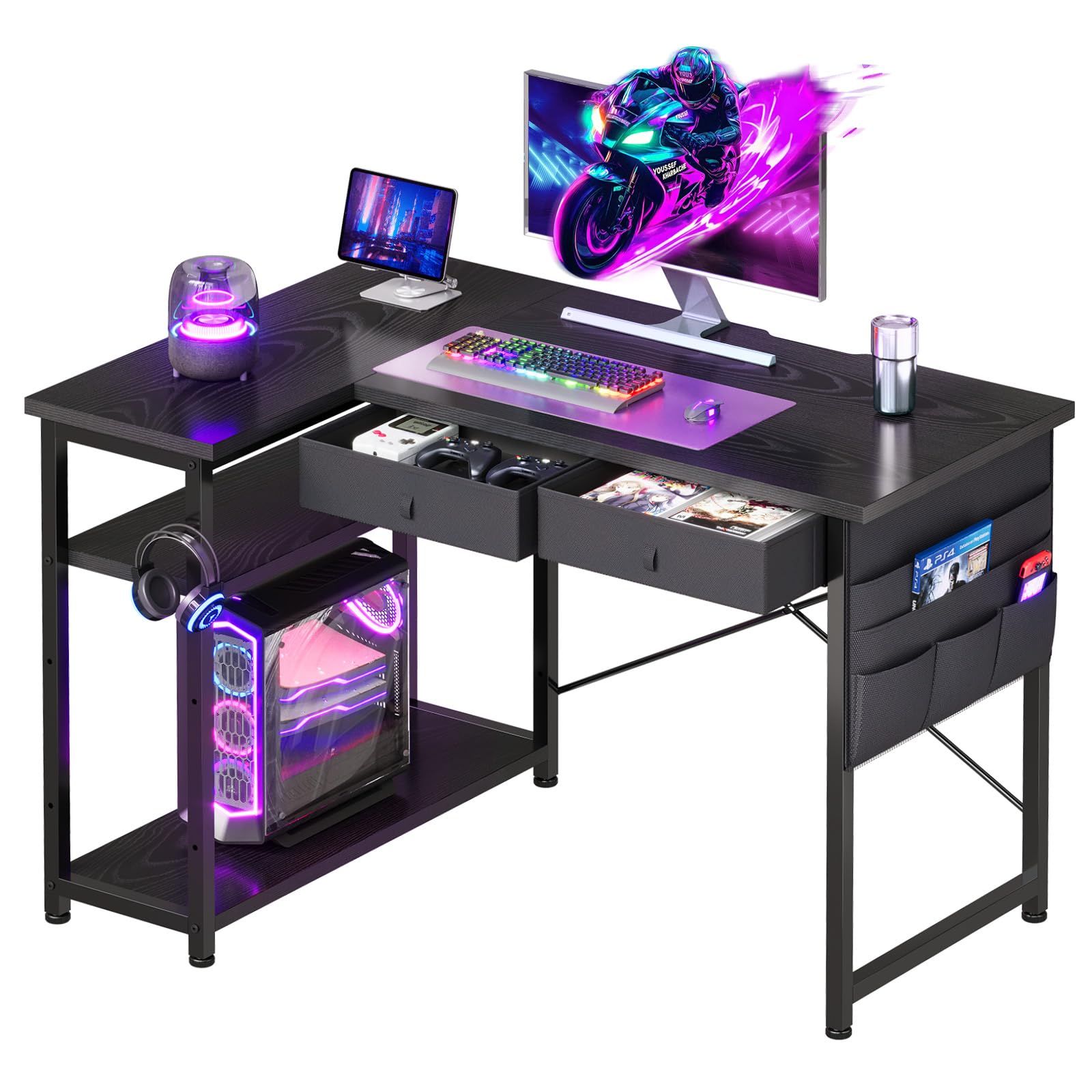 ゲーミングデスク l字デスク机pcデスク パソコンデスク 幅100cm×奥行45cm つくえ 勉強机学習机 左右入替可 布製引き出し付き オフィスデスク ワークデスク 収納ラック ダークブラウン MARWIL-DEMENAGEMENTS_CH