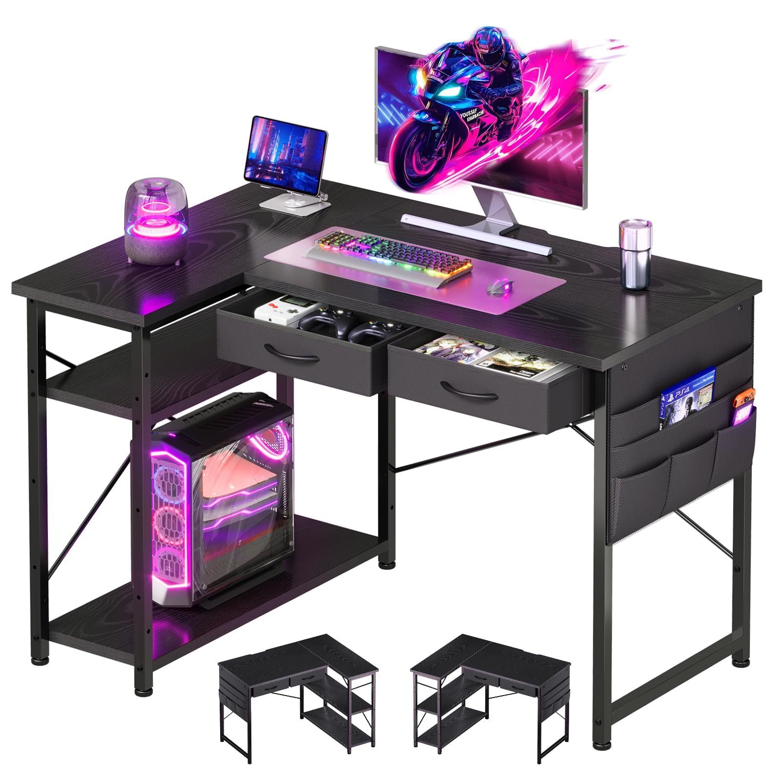 ゲーミングデスク l字デスク机pcデスク パソコンデスク 幅100cm×奥行45cm つくえ 勉強机学習机 左右入替可 布製引き出し付き オフィスデスク ワークデスク 収納ラック ダークブラウン