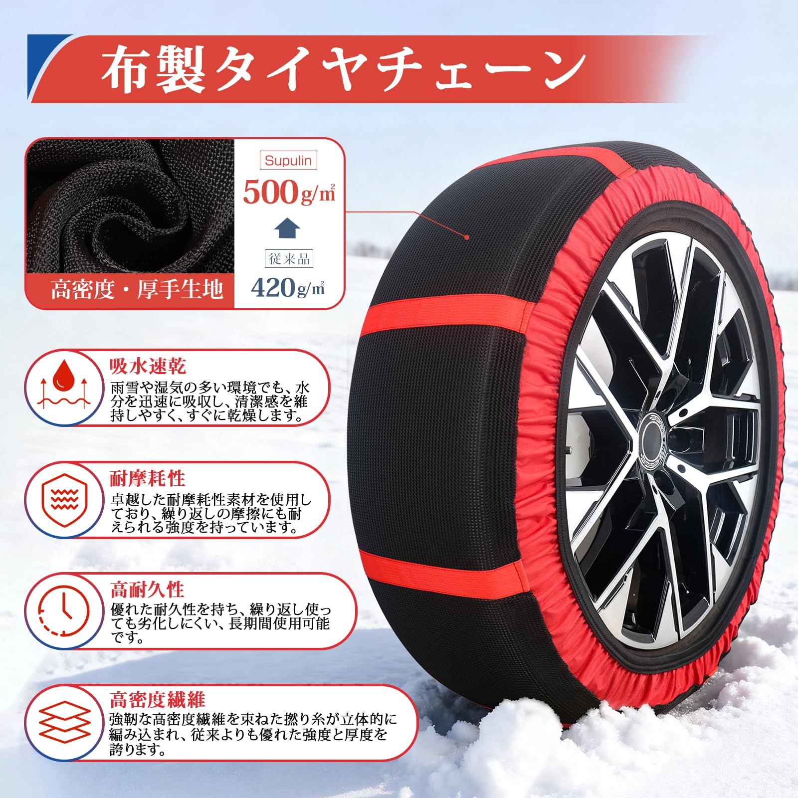 タイヤチェーン 布製 非金属 スノーソックス 2本分 スノーチェーン チェーン規制対応 軽自動車 乗用車用 駆動輪 タイヤ滑り止め ジャッキアップ不要 緊急応急 簡単装着 静音軽量 雪対策 冬 雪道 凍結対策 F 6003