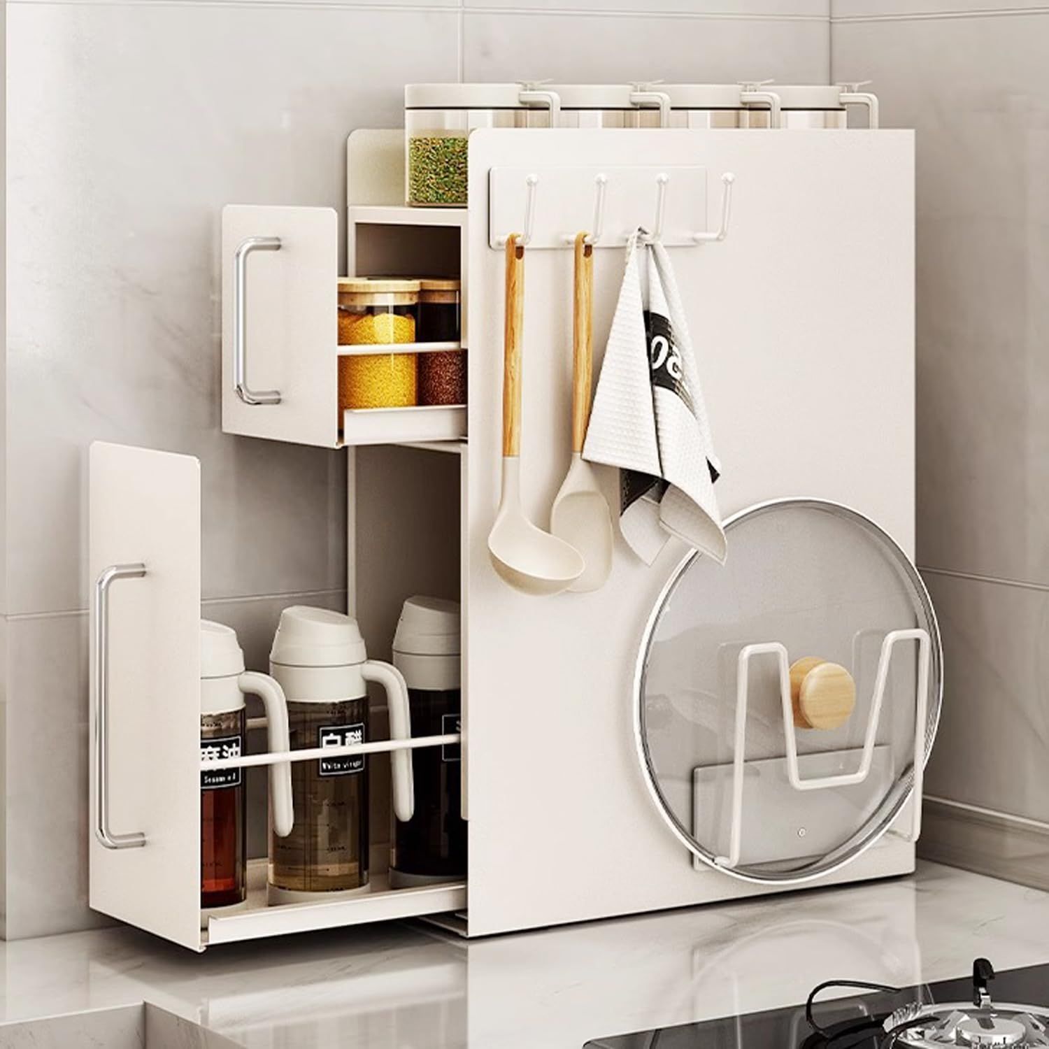 隠せる調味料ラック 2段 引き出し スリム スパイスラック 隙間収納 大容量 おしゃれ スリム キッチン 収納 台所用 マグネット 鍋蓋ホルダー キッチンツールフック 付け ホワイト 隠せる調味料ラック 2段