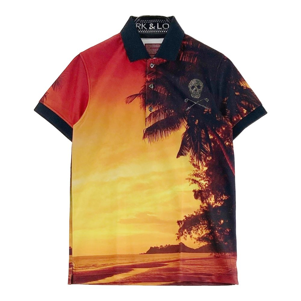 サイズ S MARK-LONA マークアンドロナ 半袖ポロシャツ スカル 総柄 オレンジ系 ゴルフウェア メンズ ストスト