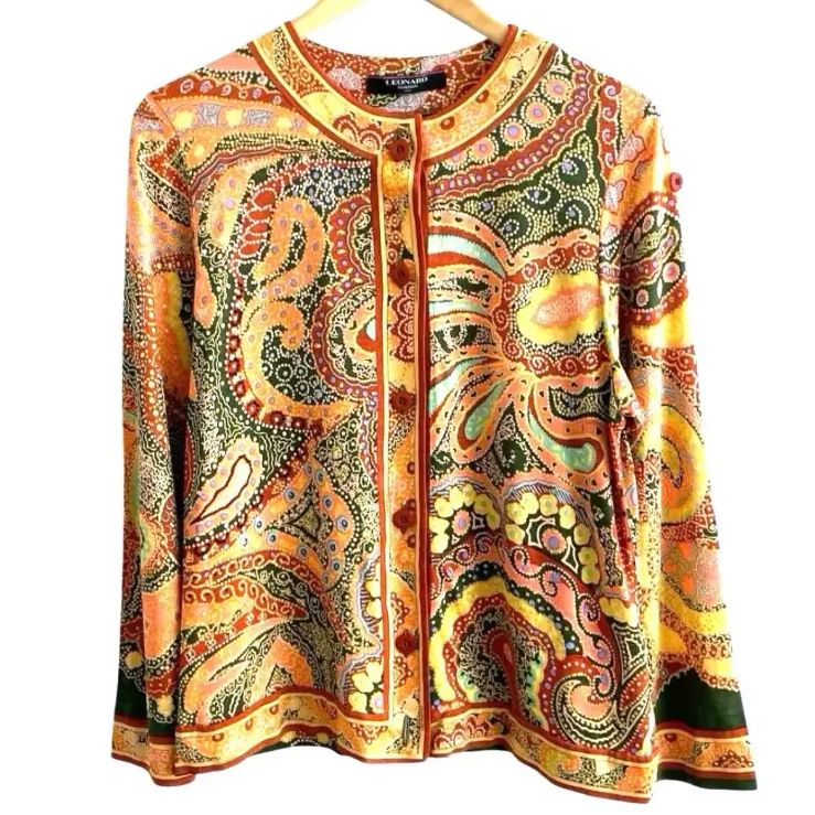LEONARD レオナール 毛 絹 ウール シルク ペイズリー カーディガン L