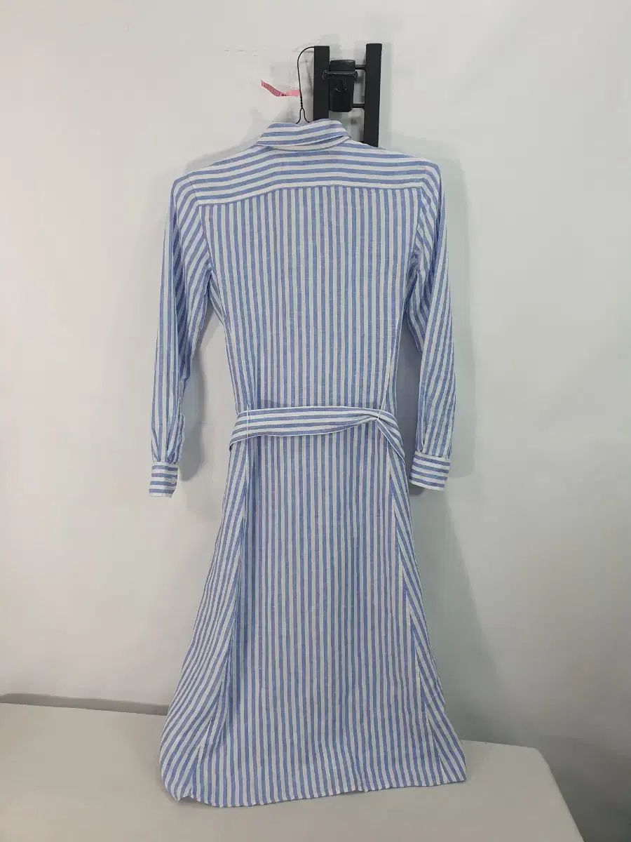 ポロ ラルフローレン リネン シャツ ロング丈ワンピース 長袖 ベルト付き ドレス ストライプ ブルー 0