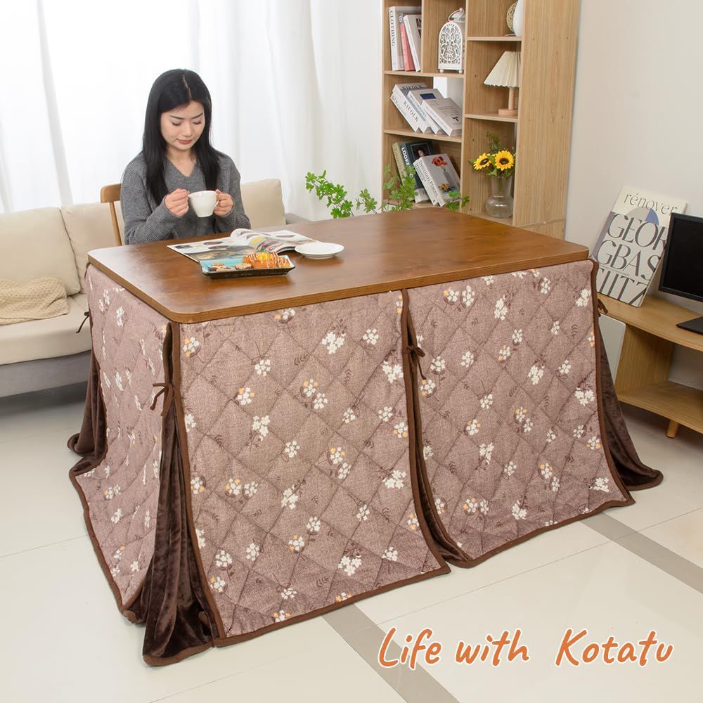 ダイニングコタツふとん テーブル用こたつ布団 省スペース ダイニング 長方形 こたつ掛け 単品 吸湿発熱 洗える こたつ布団 ふわふわ感触 フランネル素材 ハイタイプ 約240x295cm 花柄 JEMA ベージュ NEXPOTALLINN_EU