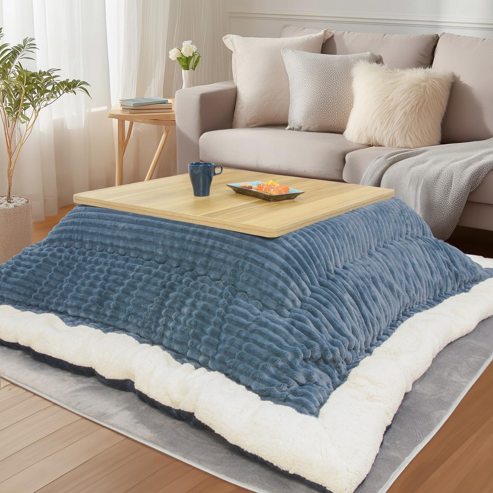 吸湿発熱 中空綿 両面使える ふわふわ リバーシブル もこもこ 厚手 フランネル素材 長方形 掛けふとん単品 約洗える こたつふとん 185x235cm こたつ厚掛け布団 コーデユロイ こたつ布団 ブルー JEMAジェマ NEXPOTALLINN_EU