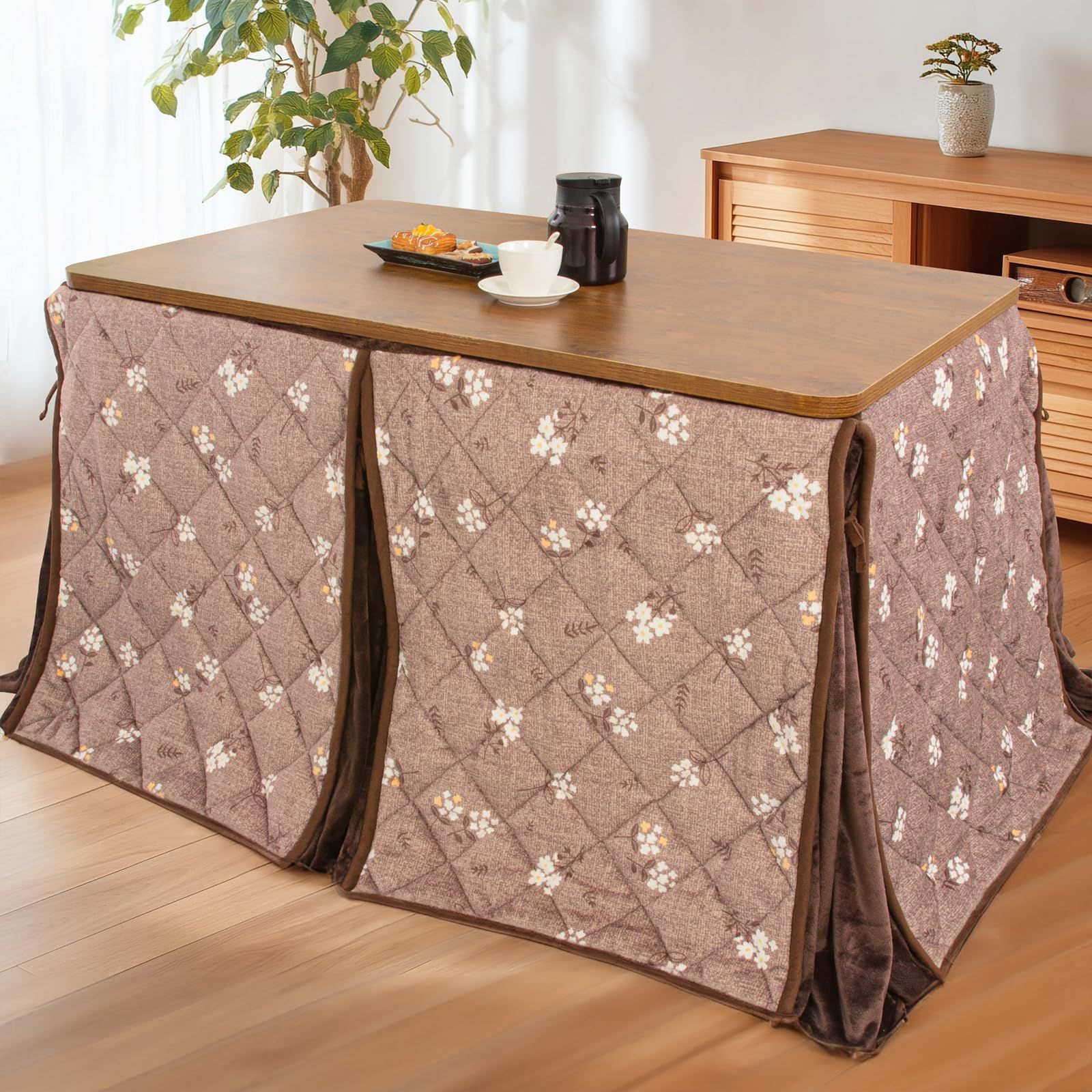 ダイニングコタツふとん テーブル用こたつ布団 省スペース ダイニング 長方形 こたつ掛け 単品 吸湿発熱 洗える こたつ布団 ふわふわ感触 フランネル素材 ハイタイプ 約240x295cm 花柄 JEMA ベージュ