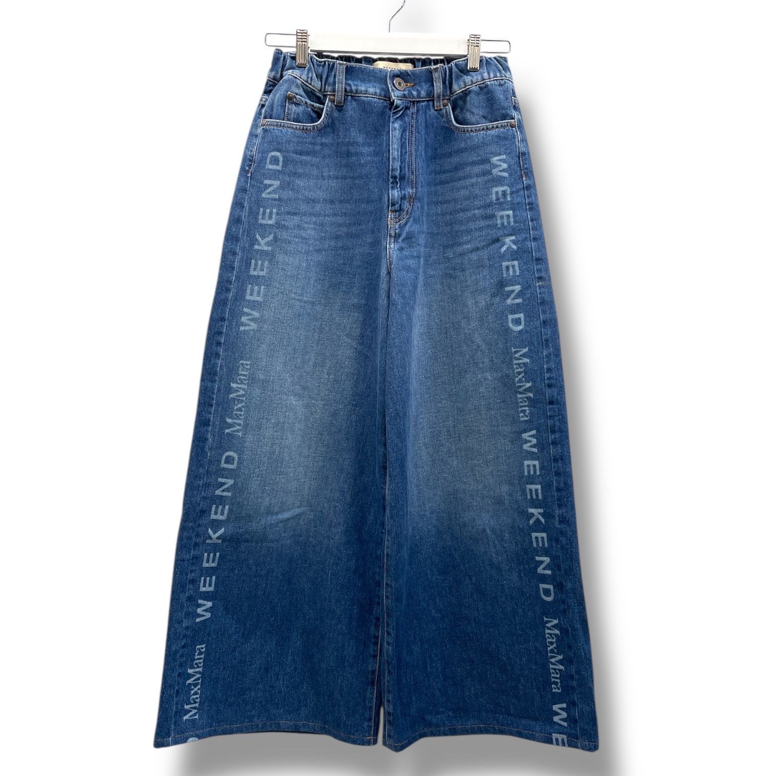WEEKEND MaxMara ウィークエンドマックスマーラ ロゴ入りワイドデニムジーンズ ジーパン コットンデニム ロゴプリント ウエストゴム 25SS 青 ブルー Mサイズ レディース 通年 ゴーゴー古着マルイファミリー溝口店 19 No.144