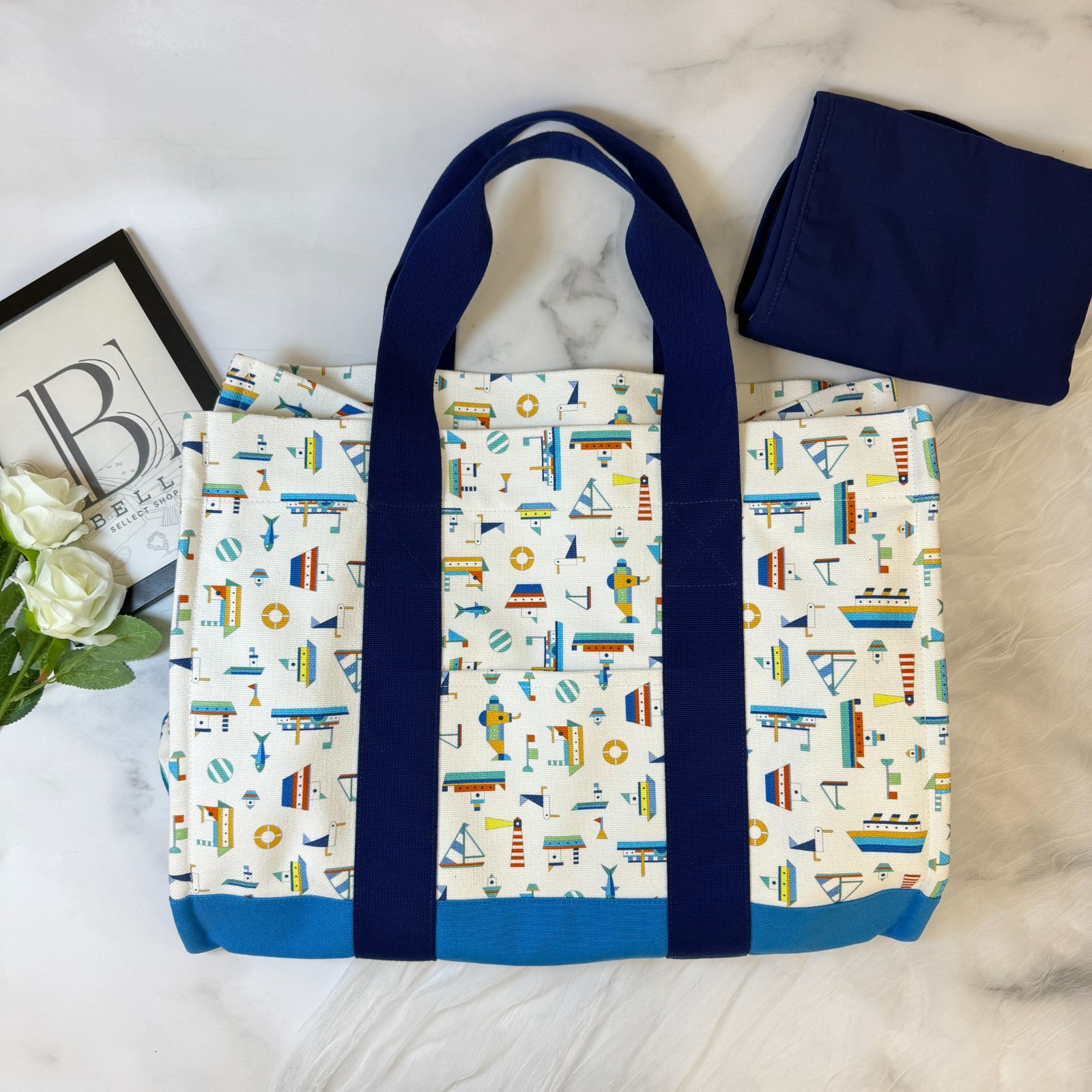 鑑定済み エルメス プティ シャルティエ ブルー ホワイト オレンジ マザーズバック ヨット柄 トートバッグ